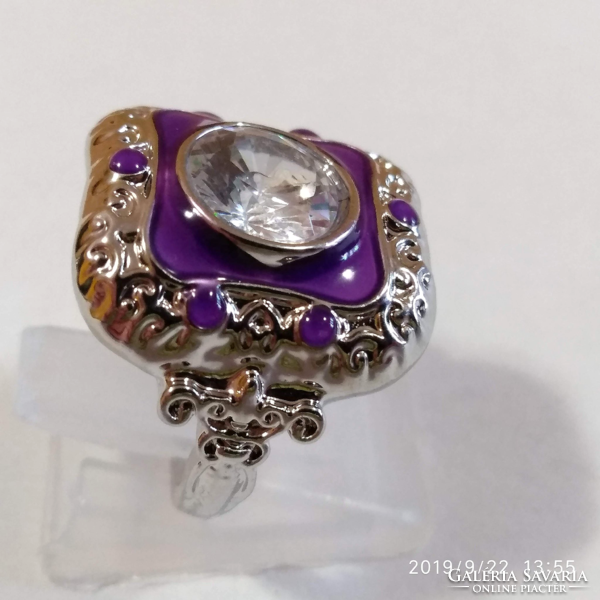 Vintage 925-s töltött ezüst (SF) gyűrű, fehér CZ kristállyal és lila tűzzománccal