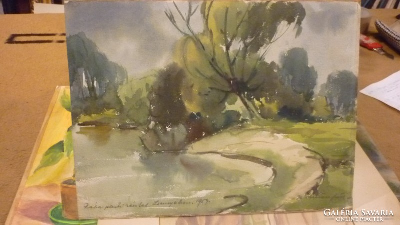 R/ unidentified, marked 1959: detail on the banks of the river, watercolor