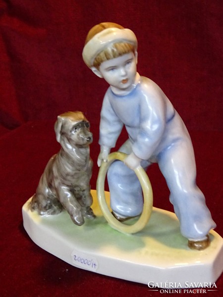 Zsolnay porcelain figurative statue, little boy with a shield seal and a circle. Antique. He has!