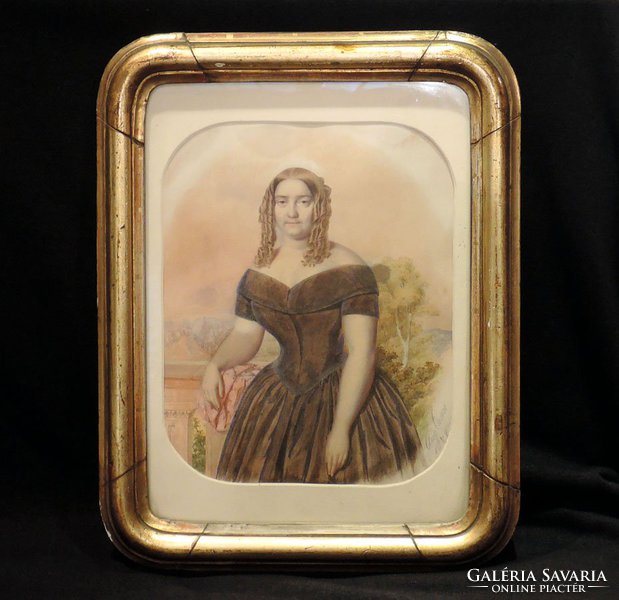 August canzi 1848. Female portrait in original gilded frame Canzi Ágost Bieder Biedermeier painting