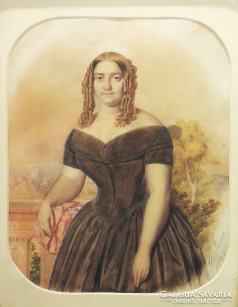 August canzi 1848. Female portrait in original gilded frame Canzi Ágost Bieder Biedermeier painting