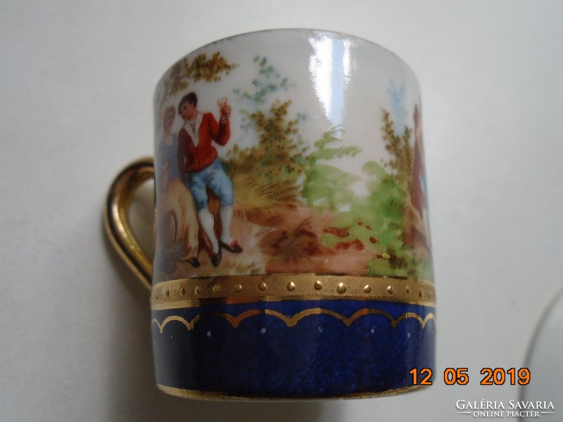 Altwien miniature painting with 3 genre scenes in a panoramic landscape with a mocha cup tray