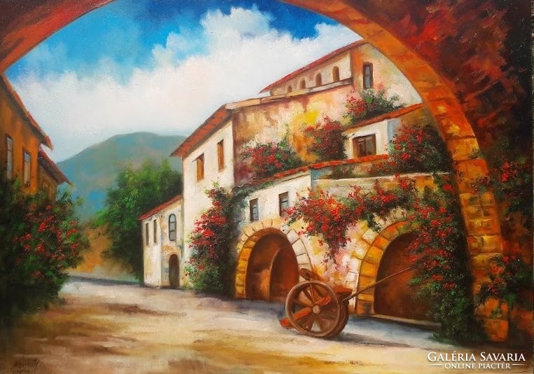 Mediterranean street with flowers oil painting