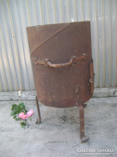 Antique heavy cauldron - cast cylinder, wrought iron accessories - industrial loft design