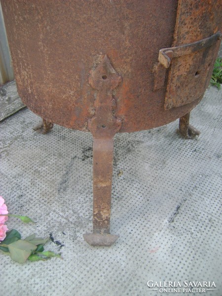 Antique heavy cauldron - cast cylinder, wrought iron accessories - industrial loft design