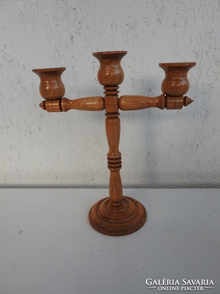 Turned wooden three-pronged table candle holder