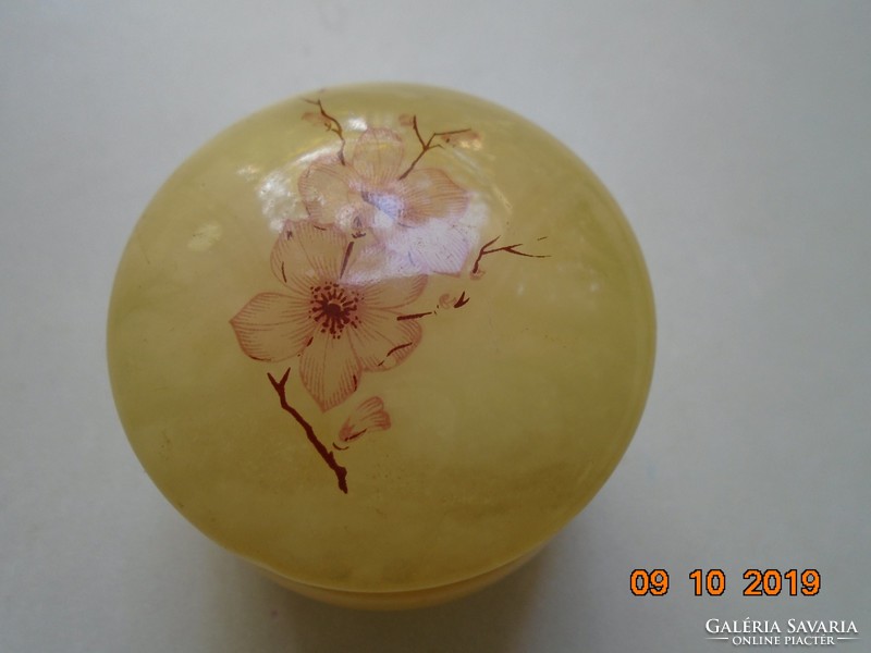 Genuine hand-carved, hand-painted Italian alabaster jar with gilded metal rim