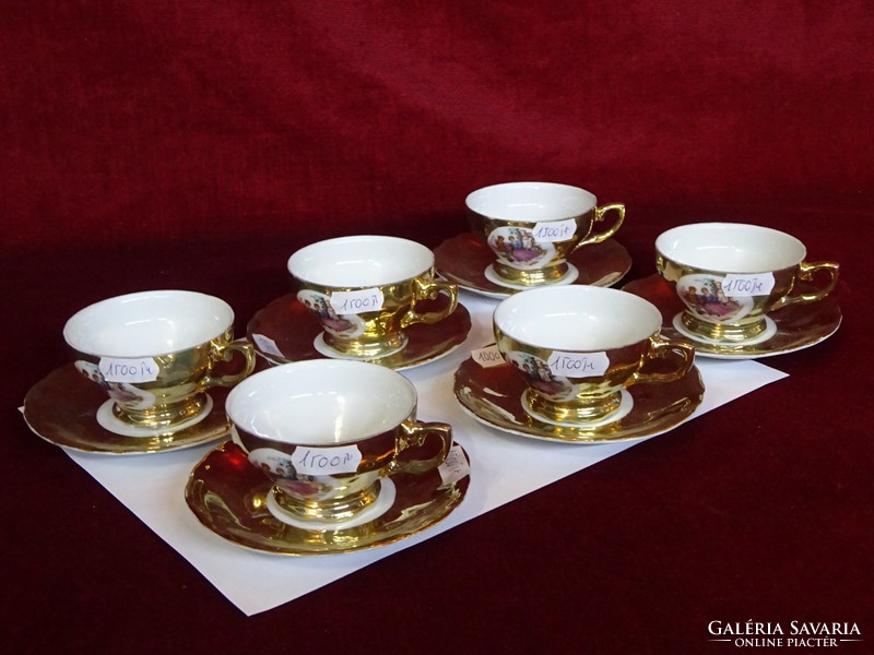 Japán porcelán 6 személyes kávéskészlet. Aranyozott, jelenetet ábrázoló képpel. Vanneki!