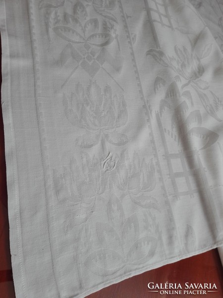 Antique tablecloth, monogrammed, damask 136 x 150 cm