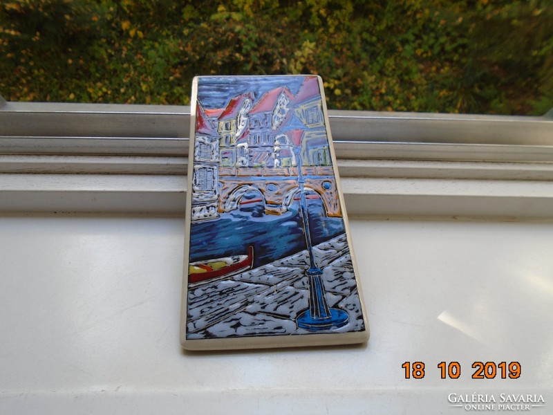 Signature colorful, embossed enamel old town with river, bridge, ceramic image