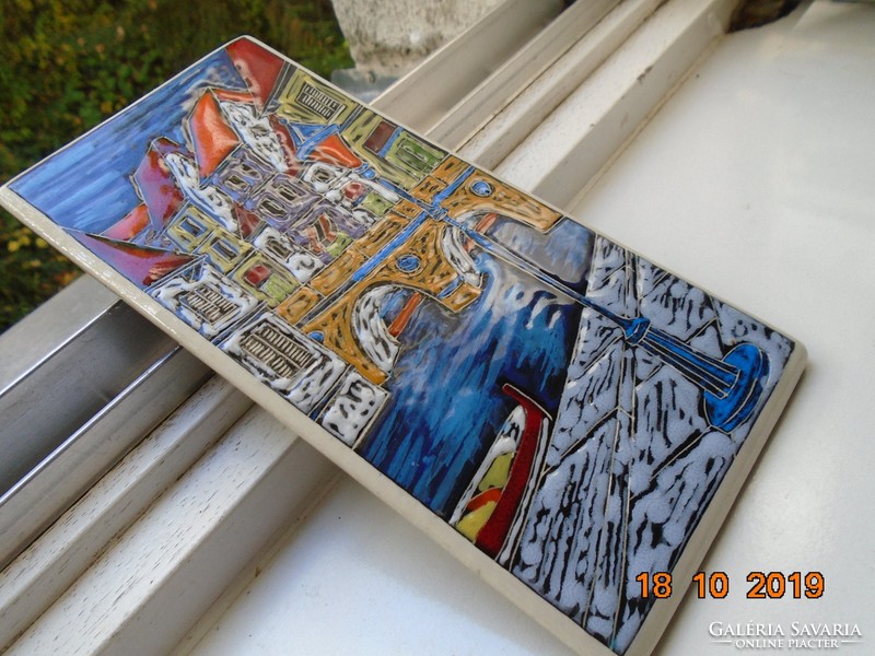 Signature colorful, embossed enamel old town with river, bridge, ceramic image