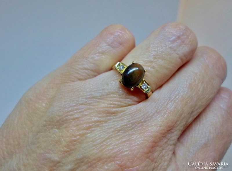 Gyönyörű antik fekete opál és gyémánt 18kt arany gyűrű