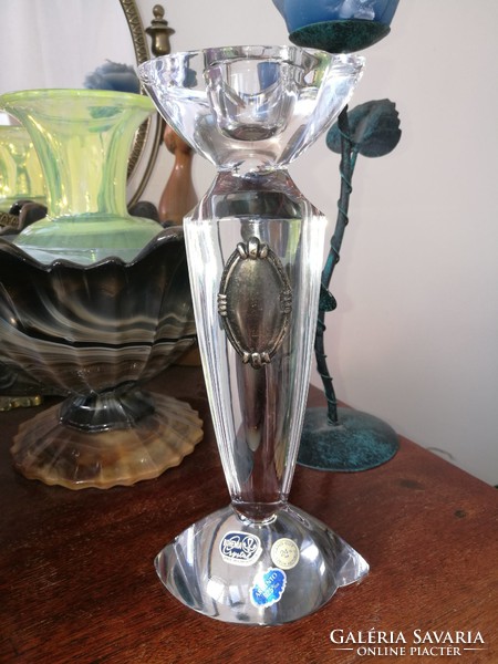 Bohemian crystal glass candlestick with silver plaque