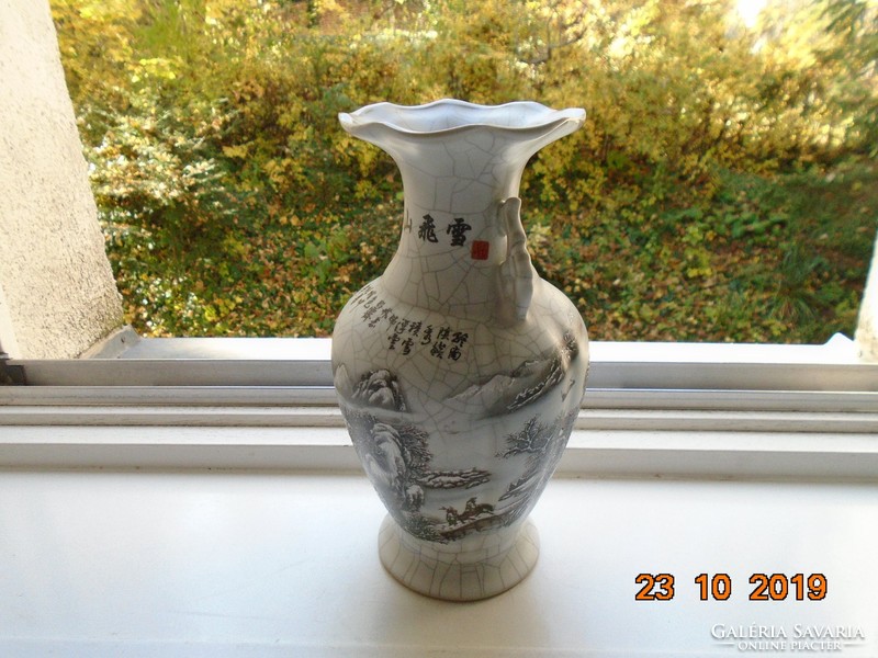 Kézzel festett kínai váza magas hegyi havas körpanorámás tájképpel,régi mester nyomán