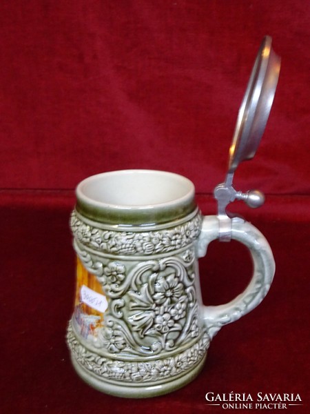 German ceramic beer jug with zinc lid, 14.5 cm high. He has!