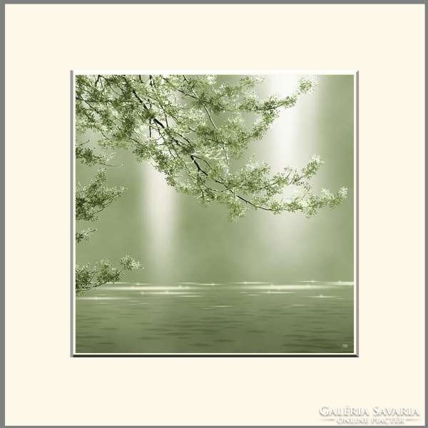 Moira risen: the wooden jewelry box - jade. Contemporary, signed fine art print, green water lake tree branch landscape