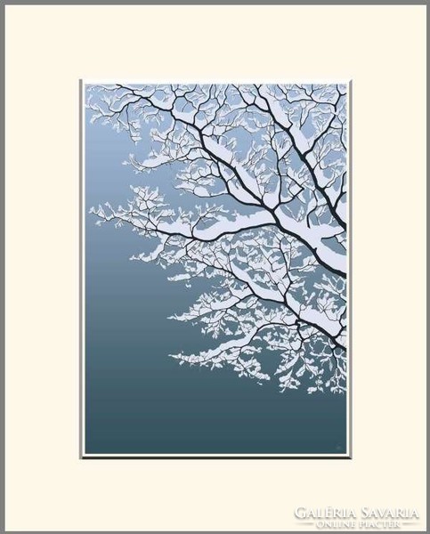 Moira Risen: Tél közeledik - Tiszta égbolt. Kortárs, szignált fine art nyomat, havas faág kék ég