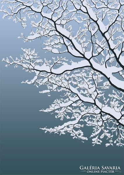 Moira Risen: Tél közeledik - Tiszta égbolt. Kortárs, szignált fine art nyomat, havas faág kék ég