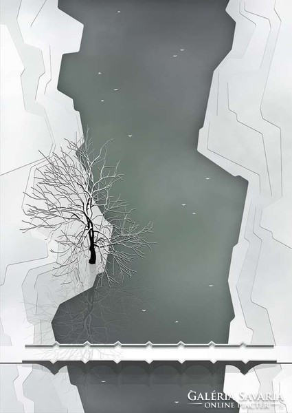 Moira Risen: Winter is Approaching - River Contemporary Signed Fine Art Print, Minimalist Landscape Old Stone Bridge