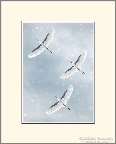 Moira Risen: Tél közeledik - Hóesés. Kortárs, szignált fine art nyomat, repülő madarak, kék ég fehér