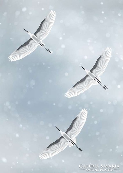 Moira risen: winter is approaching - snowfall. Contemporary, signed fine art print, flying birds, blue sky white