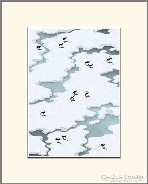 Moira Risen: Tél közeledik - Rénszarvas minta. Kortárs, szignált fine art nyomat, havas mező tájkép