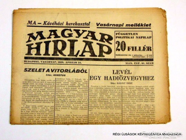 1938 4 24  /  LEVÉL EGY HADIÖZVEGYHEZ  /  MAGYAR HIRLAP  /  Szs.:  11985