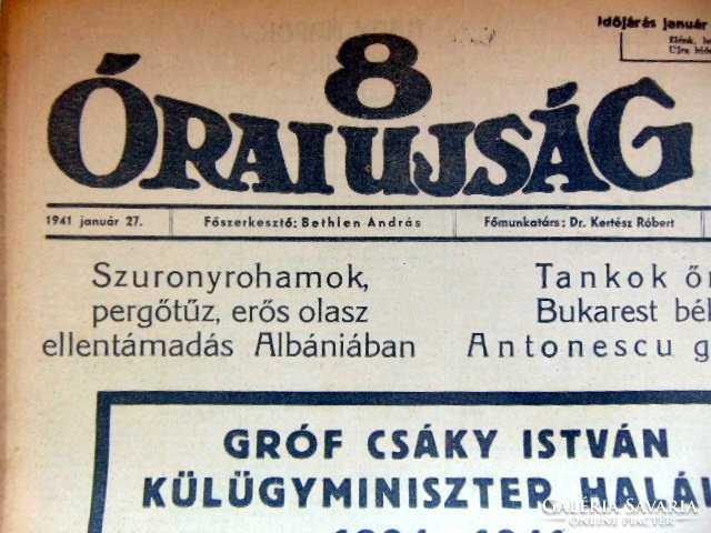1941.01.27  /  Gróf Csáky István KÜLÜGYMINISZTER HALÁLA  /  8 Órai Ujság  /  Ssz.: 170