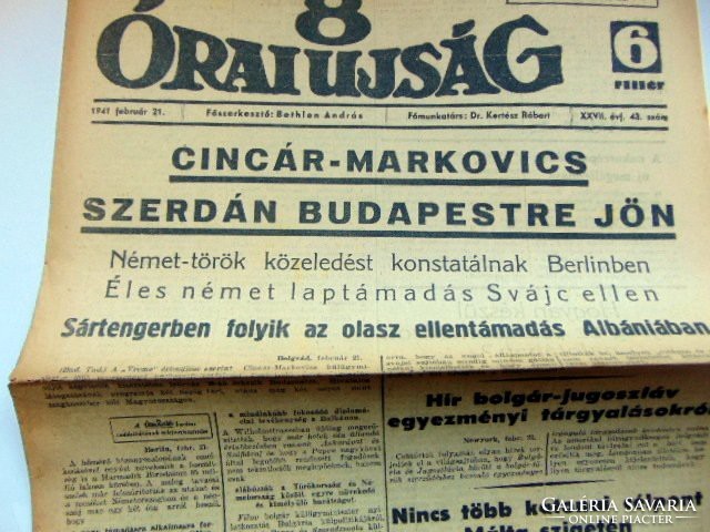 1941.02.21  /  CINCÁR-MARKOVICS SZERDÁN BUDAPESTRE JÖN  /  8 Órai Ujság  /  Ssz.: 176