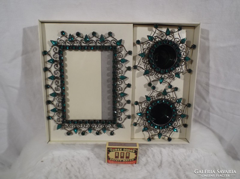 Photo holder + candle holder - new - 3 pcs - rhinestone - metal - exclusive - in box