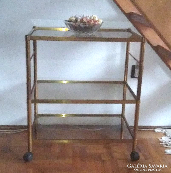 1960s Italian design copper, party cart with 3 glass shelves, rolling sideboard