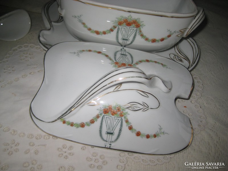 Zsolnay Lukafai very elegant Art Nouveau sauce bowl with dipping spoon 23 x 16 cm