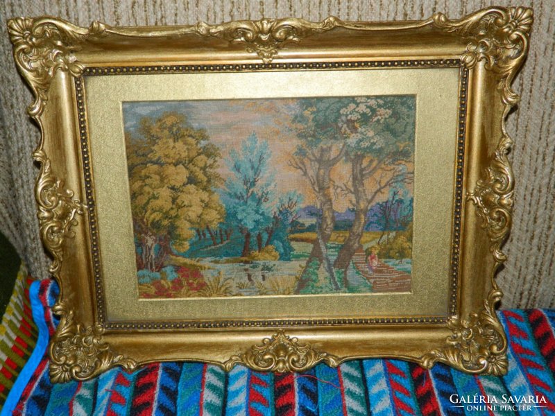 Antique needle tapestry - type tapestry in a blond frame