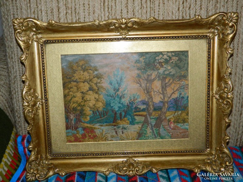 Antique needle tapestry - type tapestry in a blond frame