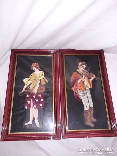 Two pieces together! Antique stitched embroidered painted large size silk picture man and woman figure