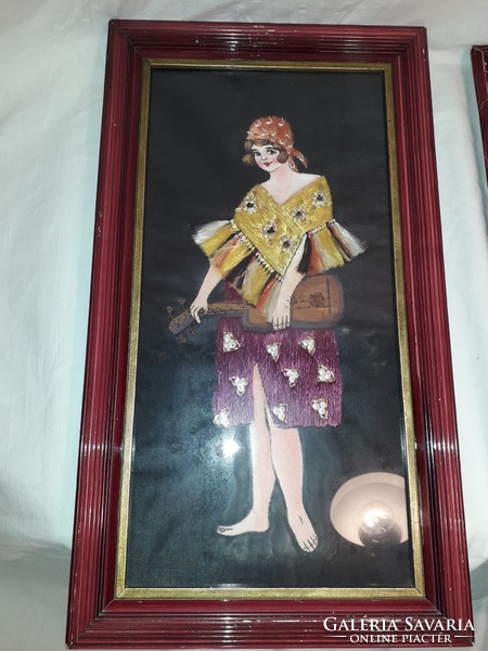 Two pieces together! Antique stitched embroidered painted large size silk picture man and woman figure