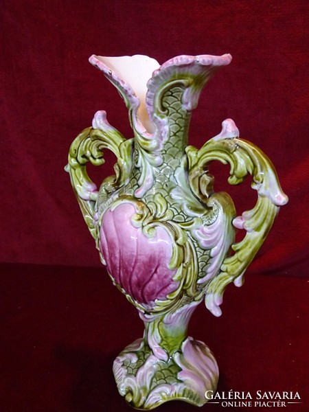 Antik MAJOLIKA váza. Jelzett. Magassága 28 cm, szélessége 20 cm. Vanneki!