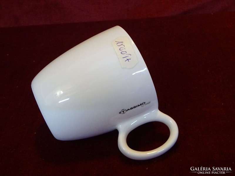 White porcelain mug. Tassimo coffee machine advertising. He has!