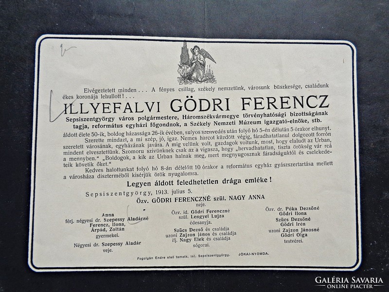 1913 Sepsiszentgyörgy, Illyefalvi Gödri Ferencz gyászjelentés