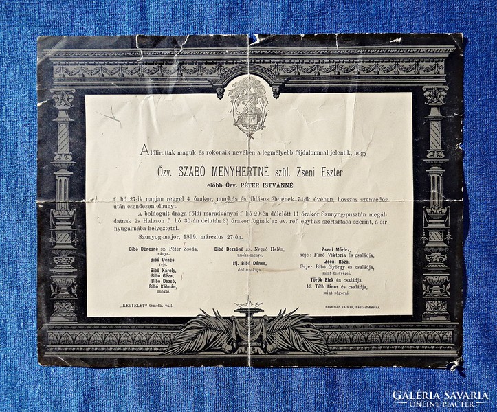 1899 Szunyog-major, Özv. Szabó Menyhértné gyászjelentés
