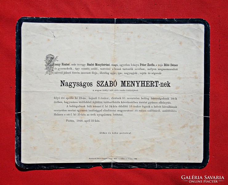 1868 Pest, Nagyságos Szabó Menyhért gyászjelentés