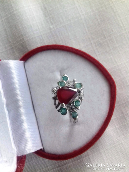 Beautiful natural blood red, ruby & emerald 925 silver ring 6.5/53/16.9