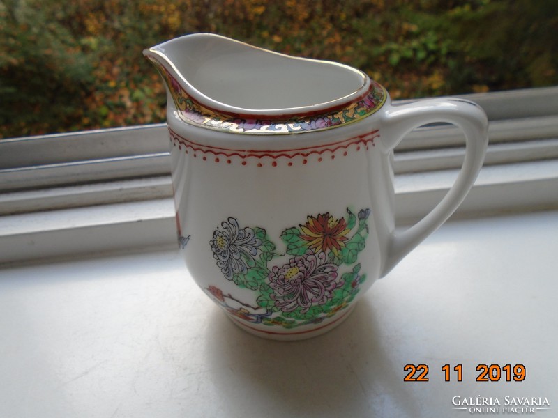 Hand painted gold enamel bird of paradise with chrysanthemum designs, hand marked Chinese cream pourer