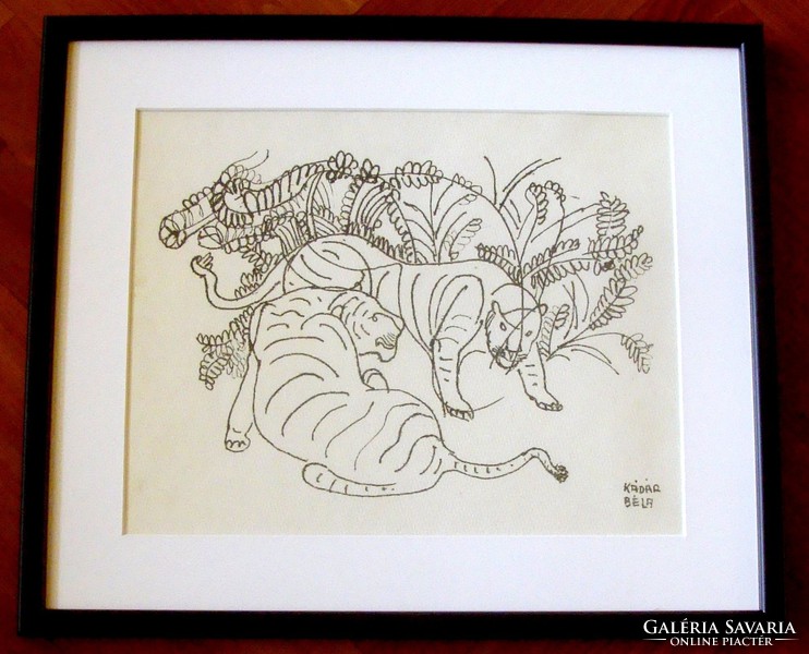 Béla Kádár: tigers etching