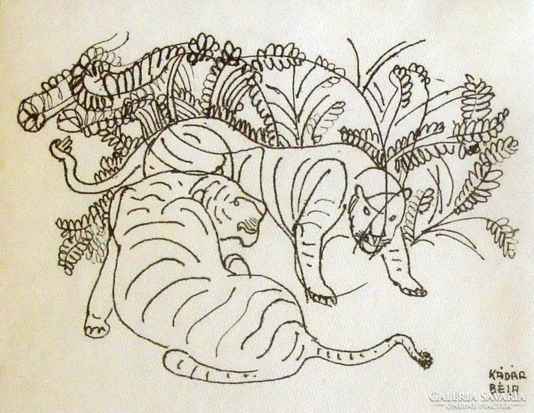 Béla Kádár: tigers etching