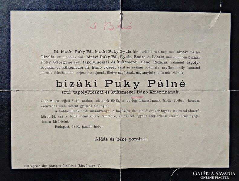 1890 Budapest, bizáki Puky Pálné gyászjelentése