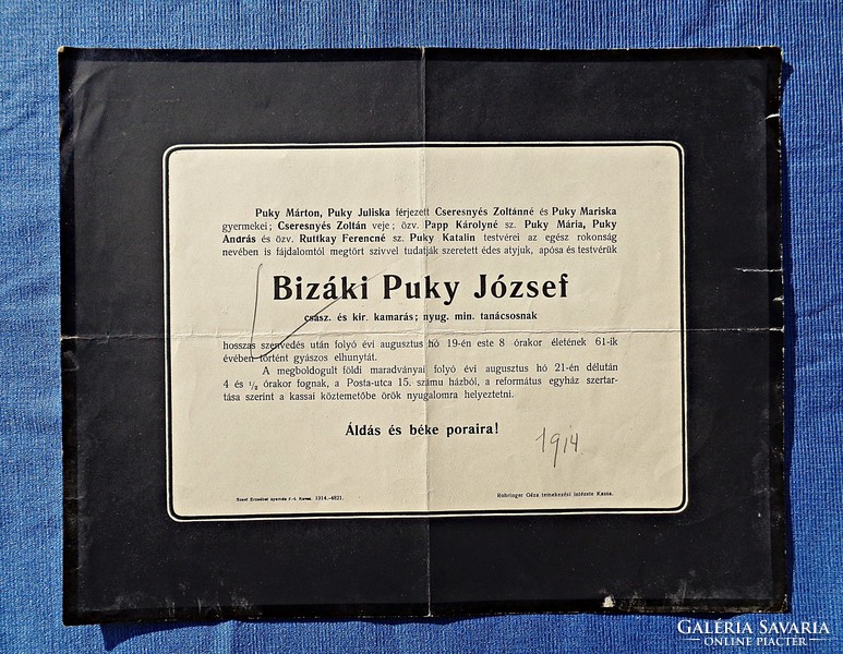 Kassa 1914, Bizáki Puky Pál gyászjelentése