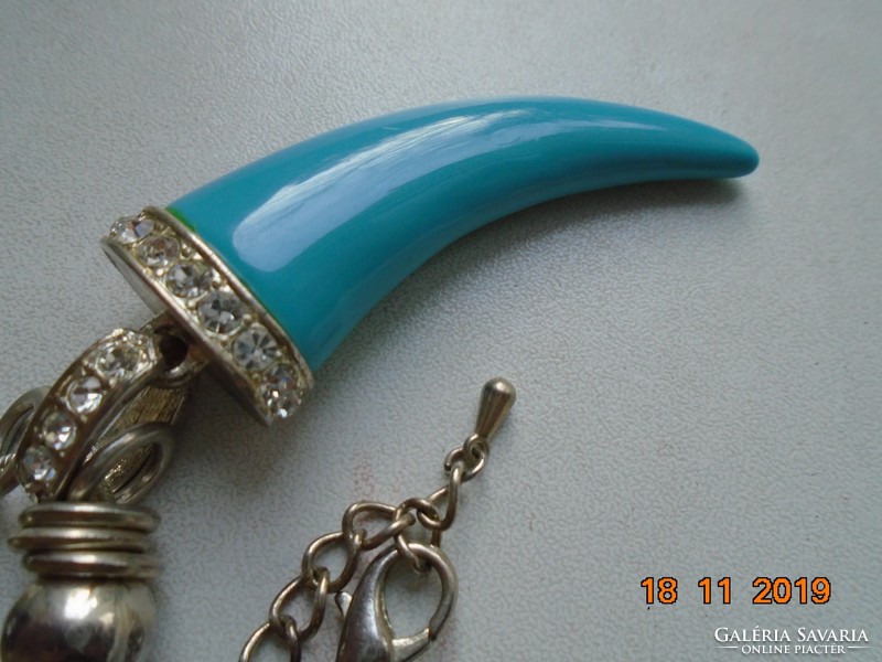 Turquoise tiger tooth pendant, talisman, silver-plated swarovski crystal socket and ring, snake chain