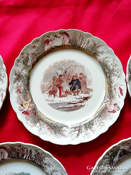 5 db Willeroy & Bosch antik vadász jelenetes fajansz tányér 19 cm