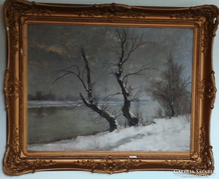 Nándor Siuda: winter landscape - large oil painting in a beautiful frame